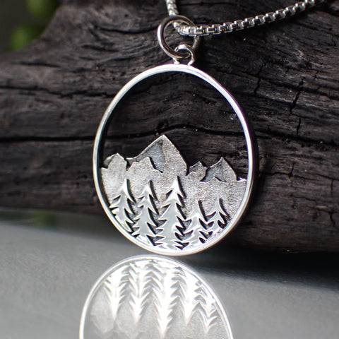 ♻️Collier de chaîne de montagnes et de paysage forestier en argent sterling recyclé