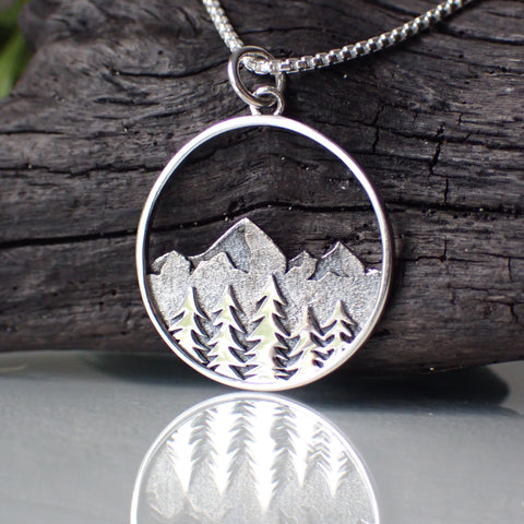  Sterling Silver Mountain Range Forest Landscape Necklace