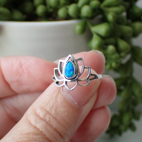 sterling silver opal lotus flower ring