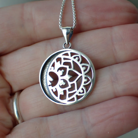 sterling silver mandala lotus moon charm necklace