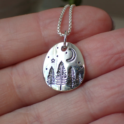 sterling silver pine tree with moon charm