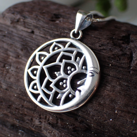 sterling silver mandala lotus moon charm necklace