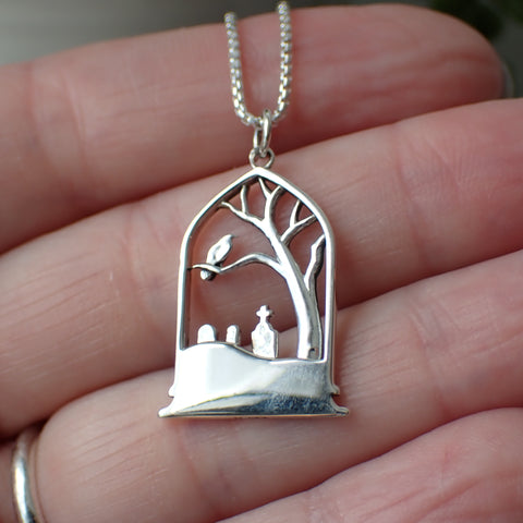 sterling silver cemetery with a raven necklace Halloween