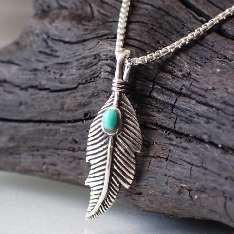 sterling silver feather charm with turquoise
