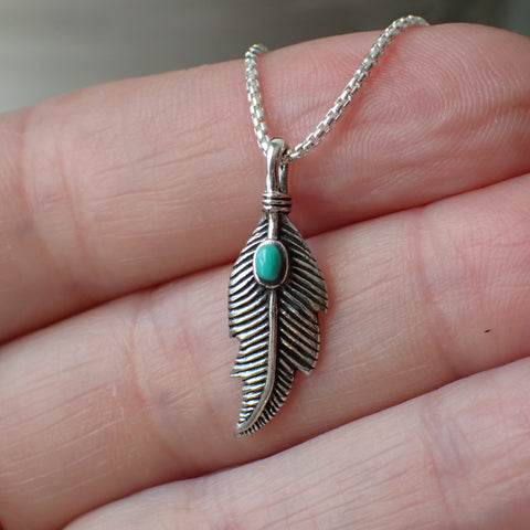 sterling silver feather charm with turquoise