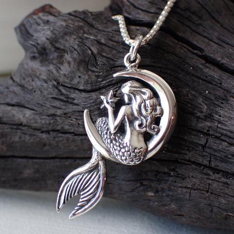 sterling silver mermaid on moon necklace charm