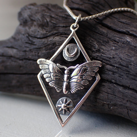 sterling silver celestial moth charm necklace