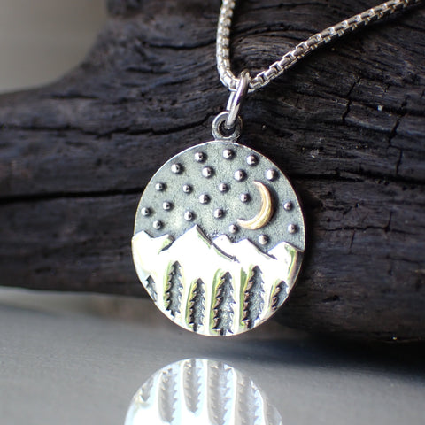 sterling silver mixed metal moon over mountains charm necklace