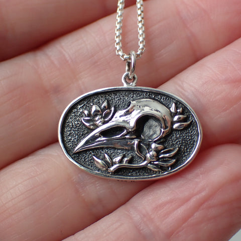 sterling silver raven skull floral pendant charm necklace