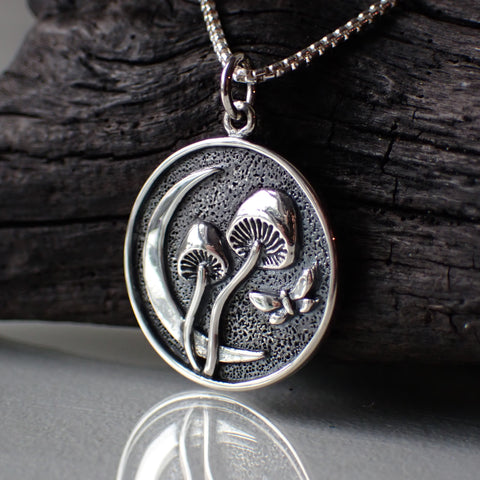 ♻️Collier de champignons au clair de lune en argent sterling recyclé