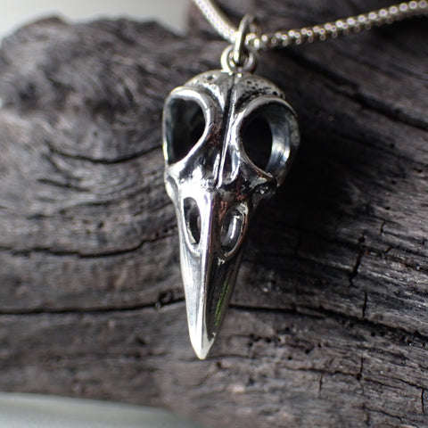 Sterling silver raven skull necklace