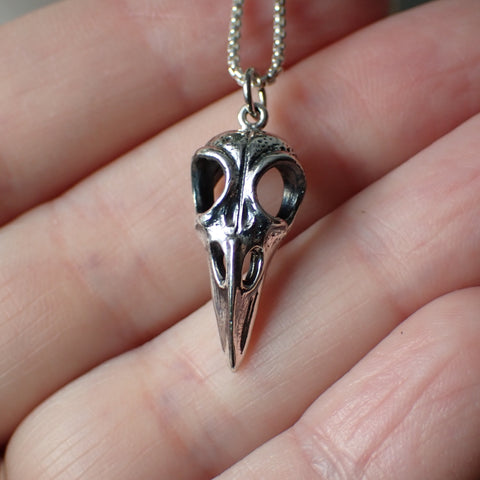 Sterling silver raven skull necklace