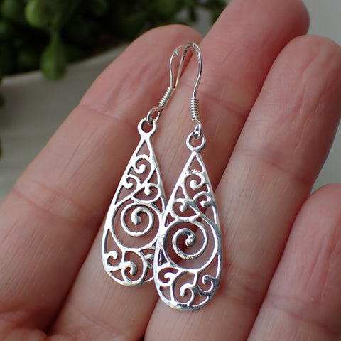 sterling silver openwork swirl teardrop earrings