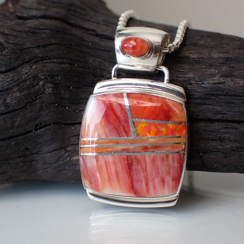 Red Spiny Oyster and Orange Fire Opal Inlaid Sterling Silver Pendant by Marie Tsosie