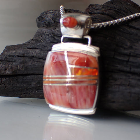 Red Spiny Oyster and Orange Fire Opal Inlaid Sterling Silver Pendant by Marie Tsosie