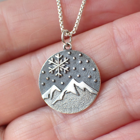 sterling silver snowy mountain snowflake pendant charm necklace