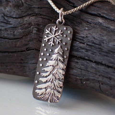 sterling silver snowy pine tree charm necklace