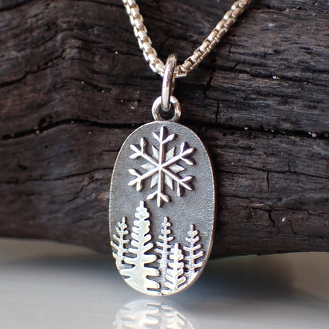 sterling silver snowy pine tree charm necklace