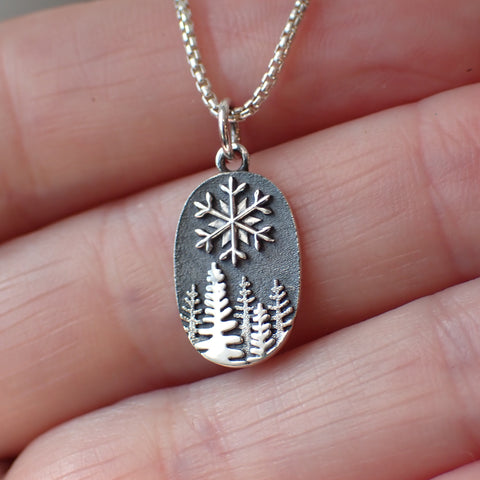 sterling silver snowy pine tree charm necklace