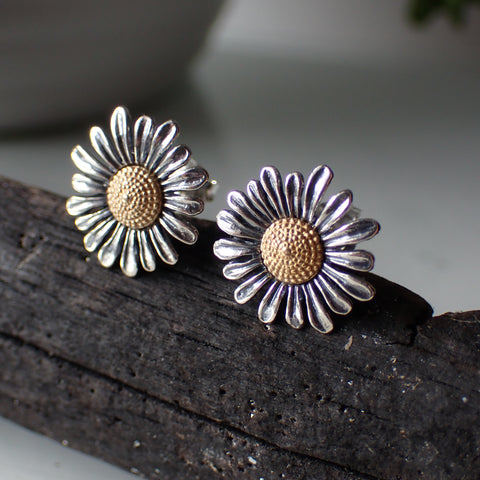 sterling silver mixed metal daisy flower stud post earrings