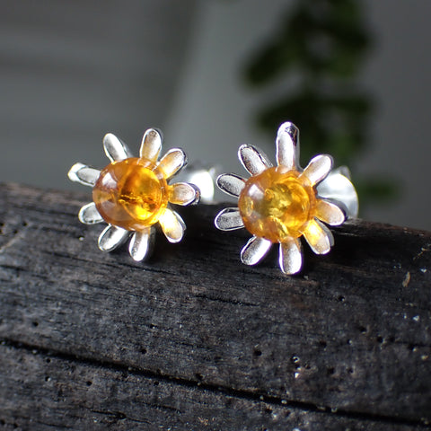 amber stud  sterling silver earring