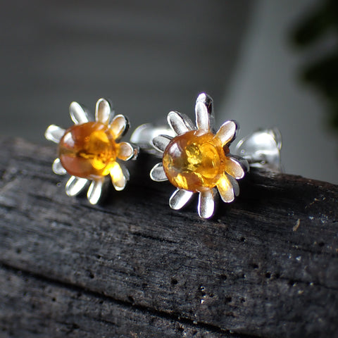 amber stud  sterling silver earring