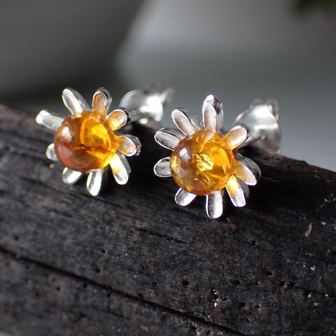 amber stud  sterling silver earring