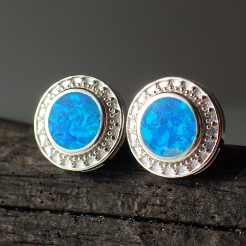 sterling silver blue opal stud earrings