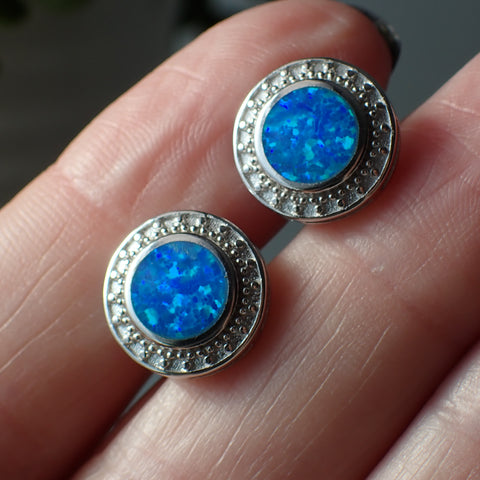 sterling silver blue opal stud earrings