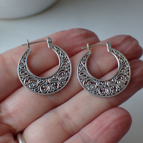 sterling silver filigree hoop earrings