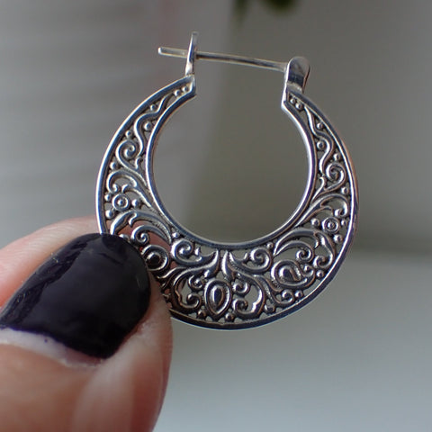 sterling silver filigree hoop earrings