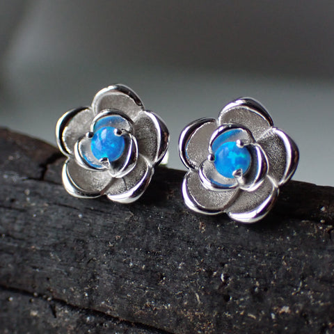 Opal Sterling Silver Flower Stud Post Earrings