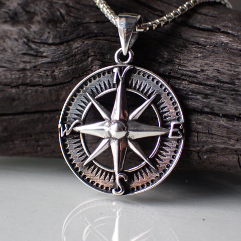 Sterling Silver Compass Rose Pendant On Chain