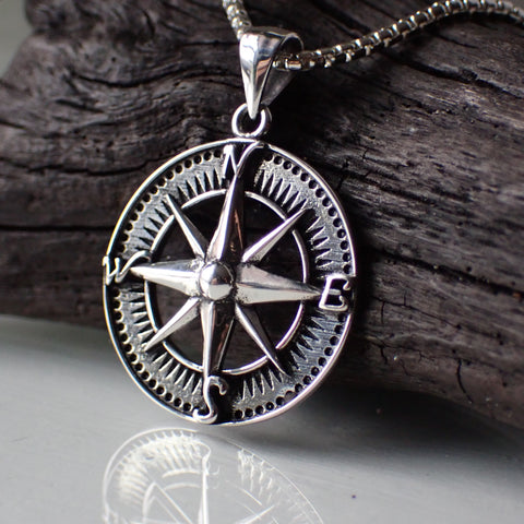 Sterling Silver Compass Rose Pendant On Chain