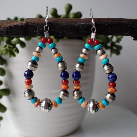 Sterling Silver Navajo Pearl Hoop Earrings with Spiny Oyster, Turquoise & Lapis Lazuli by Native American Artist