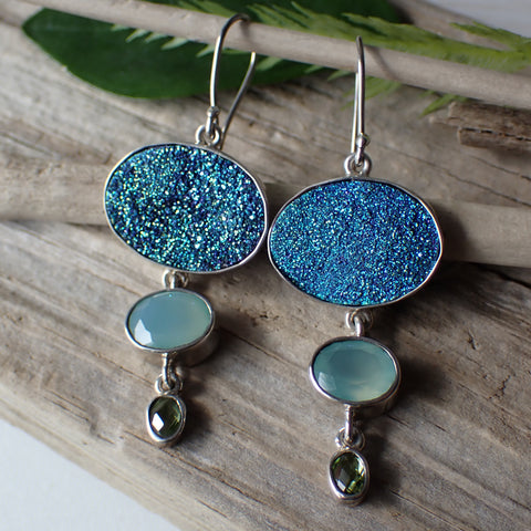 Titanium Druzy, Chalcedony and Peridot Sterling Silver Earrings