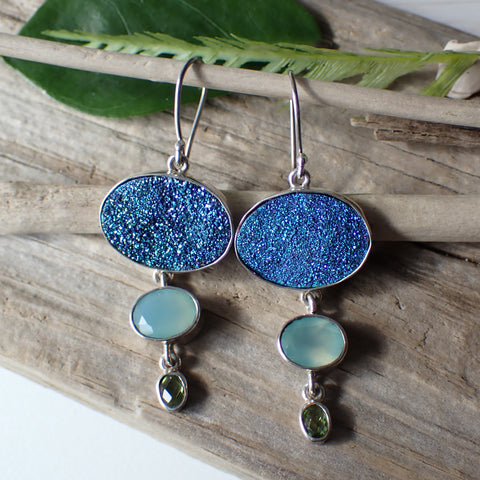 Titanium Druzy, Chalcedony and Peridot Sterling Silver Earrings