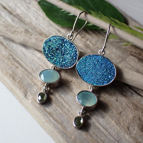 Titanium Druzy, Chalcedony and Peridot Sterling Silver Earrings