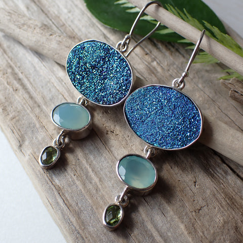 Titanium Druzy, Chalcedony and Peridot Sterling Silver Earrings