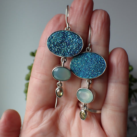 Titanium Druzy, Chalcedony and Peridot Sterling Silver Earrings