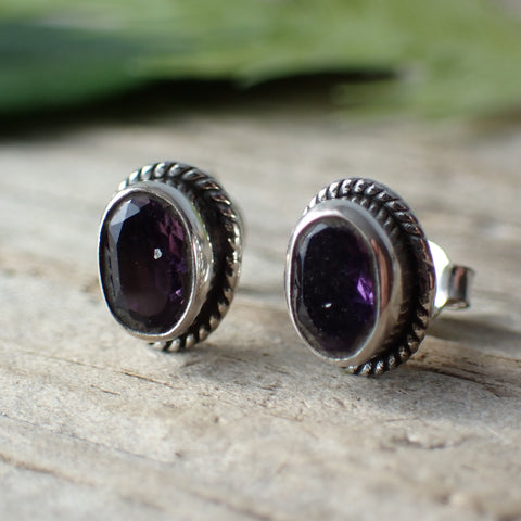 Amethyst Faceted Oval Sterling Silver Stud Earrings Rope Edge