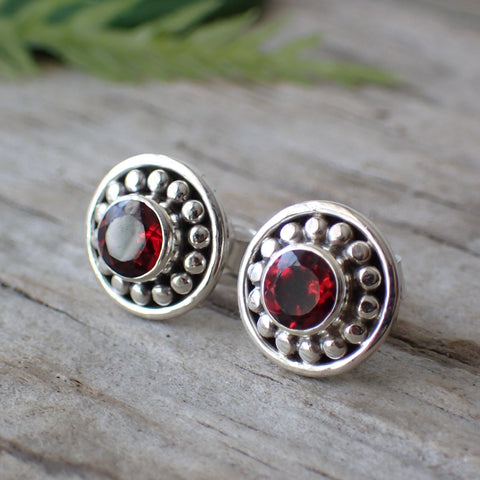 Garnet Faceted Sterling Silver Stud Earrings