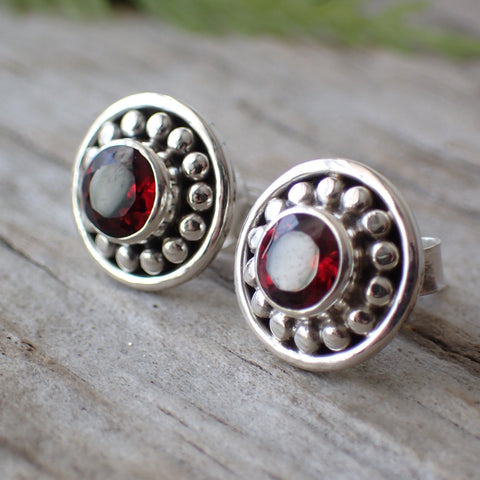 Garnet Faceted Sterling Silver Stud Earrings