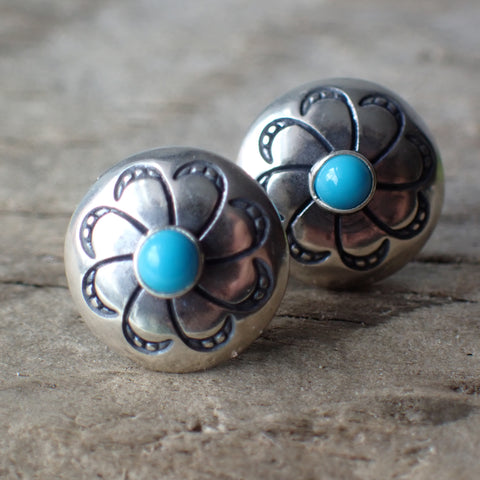 Sterling Silver Stamped Turquoise Concho Studs by Native American Artist