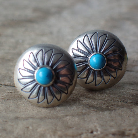 Sterling Silver Stamped Turquoise Concho Studs by Native American Artist