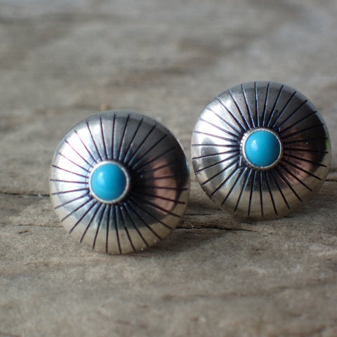 Sterling Silver Stamped Turquoise Concho Studs by Native American Artist