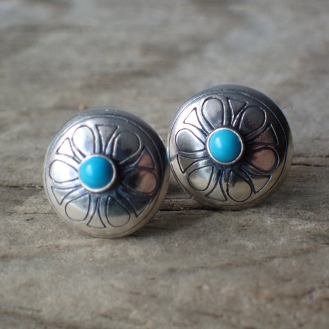 Sterling Silver Stamped Turquoise Concho Studs by Native American Artist