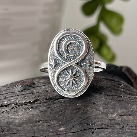 sterling silver ouroboros snake celestial ring