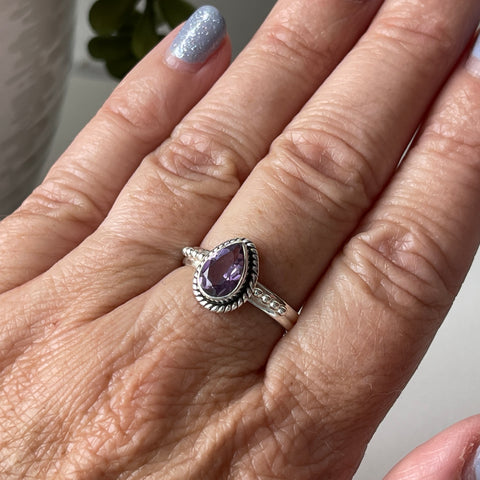 sterling silver amethyst crystal faceted stone ring