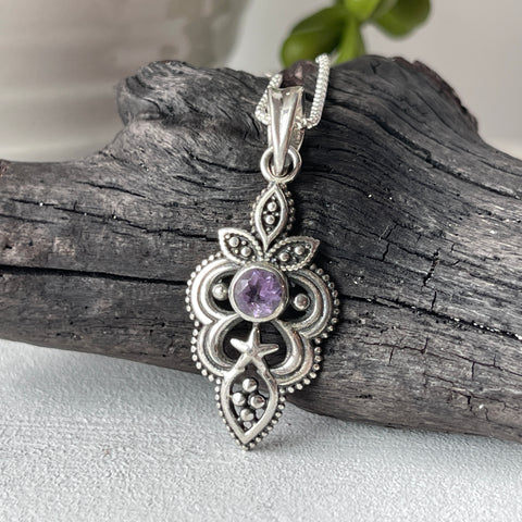 sterling silver faceted amethyst stone crystal pendant